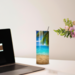 Photo of personalized beach theme tumbler beside laptop – great for remote workers or daydreamers.
